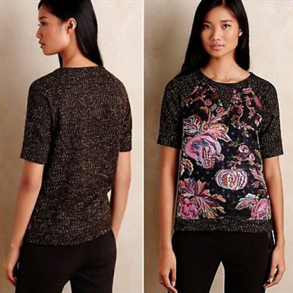 Anthropologie James Coviello Black Brocade-Spliced Tee